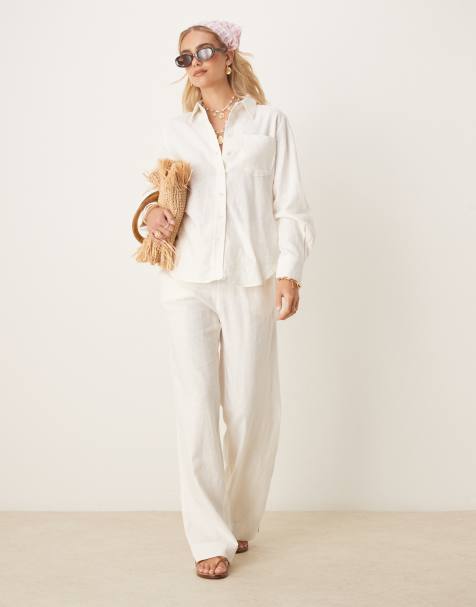 YAS - Pantaloni con fondo ampio in misto lino elasticizzati bianchi in coordinato - view 1