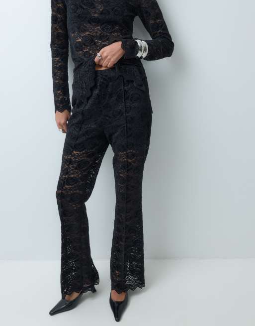 YAS pantaloni coordinati in pizzo con gamba svasata neri, 3 di 5