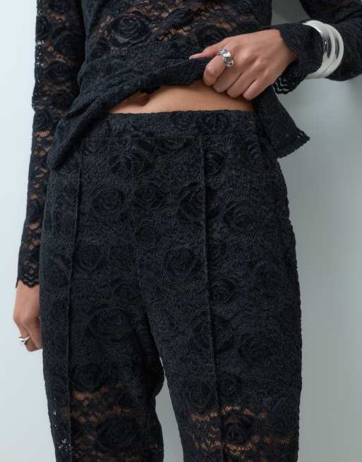 YAS pantaloni coordinati in pizzo con gamba svasata neri, 4 di 5
