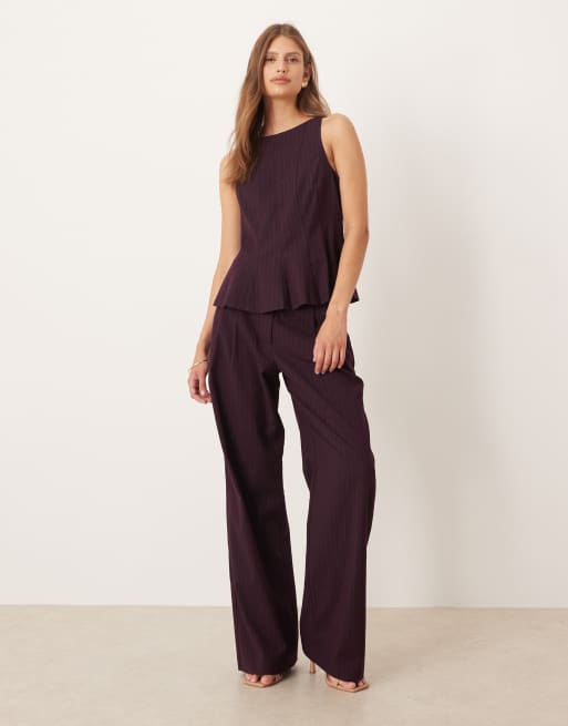  YAS - Pantaloni sartoriali a fondo ampio bordeaux con motivo gessato in coordinato