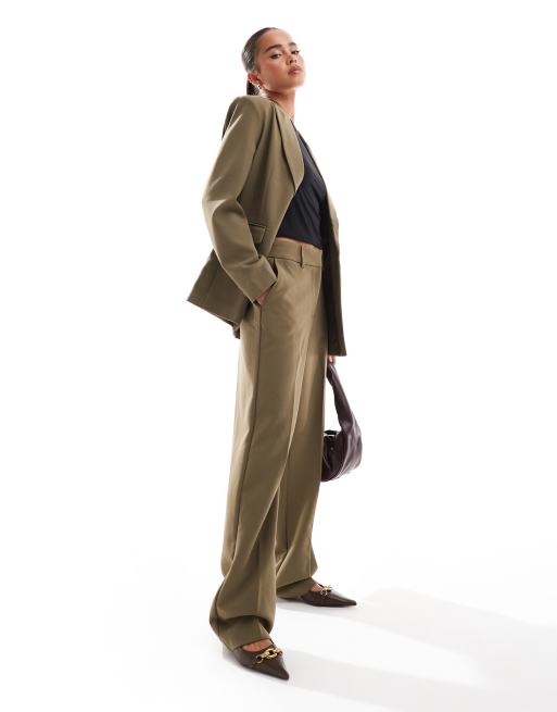 YAS - Pantaloni sartoriali dritti a vita alta color tortora in coordinato