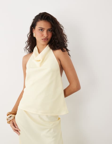 YAS – Pastellgul topp i satin med halterneck, del av set - view 1