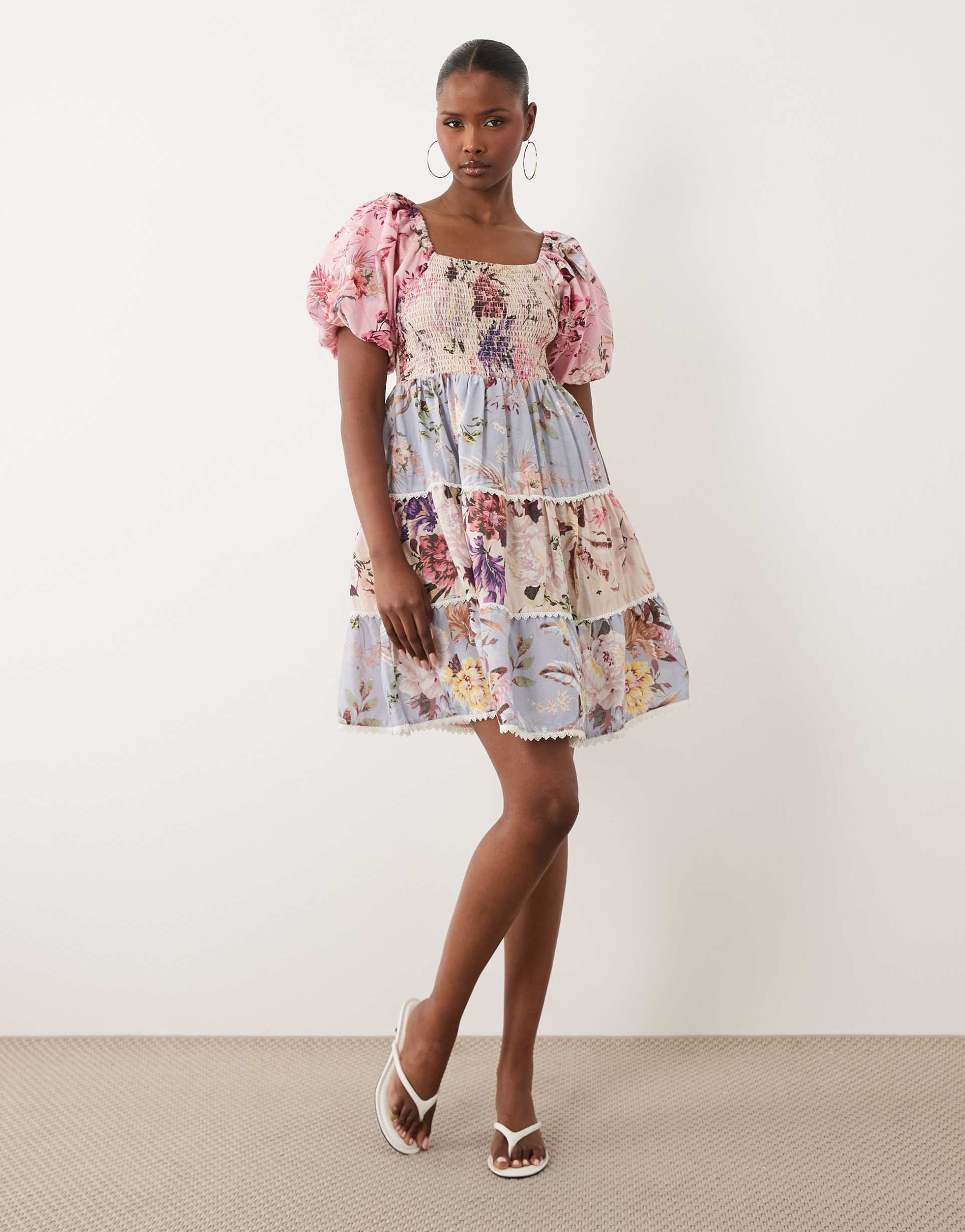 yas patchwork floral puff sleeve milkmaid style mini dress in multicolor floral print