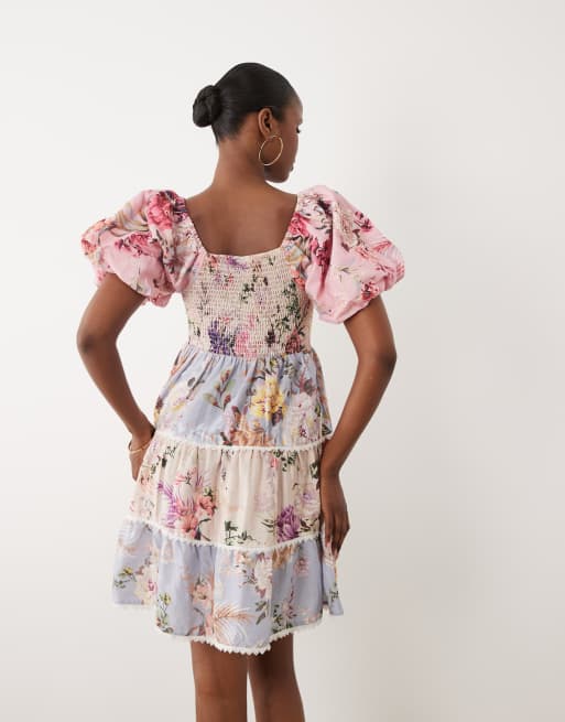 YAS patchwork floral puff sleeve milkmaid style mini dress in multicolor floral print, 4 of 4