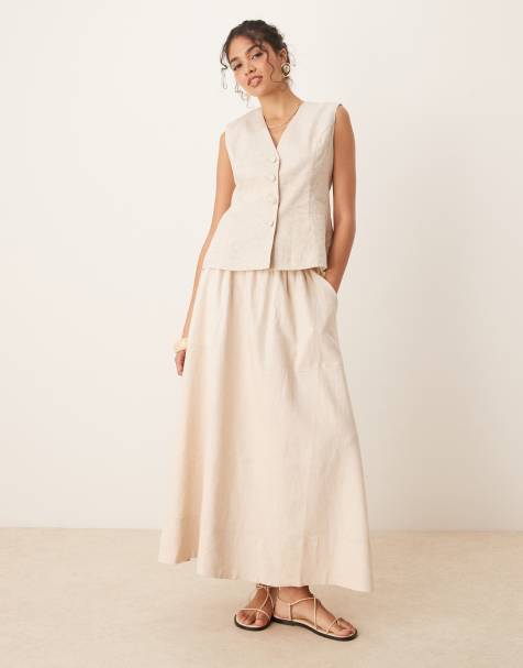 YAS linen touch full midi skirt in birch cream