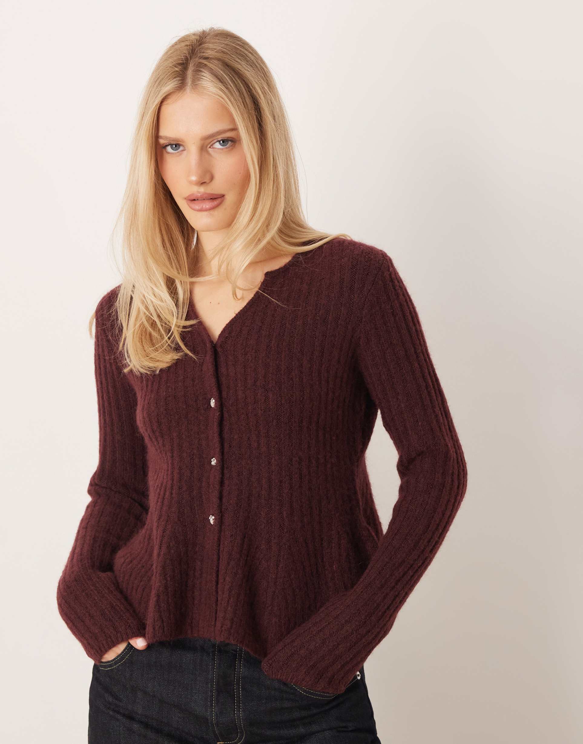 yas peplum waist knit cardigan in burgundy