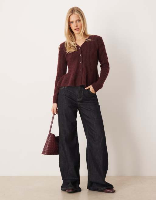 YAS peplum waist knit cardigan in burgundy, 2 of 4