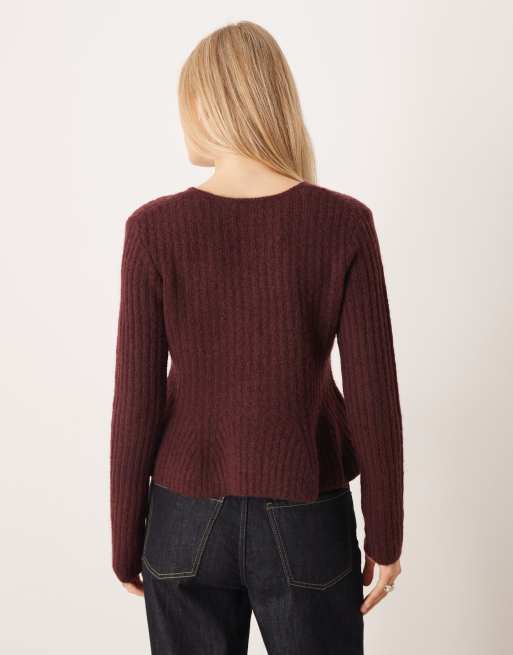 YAS peplum waist knit cardigan in burgundy, 4 of 4