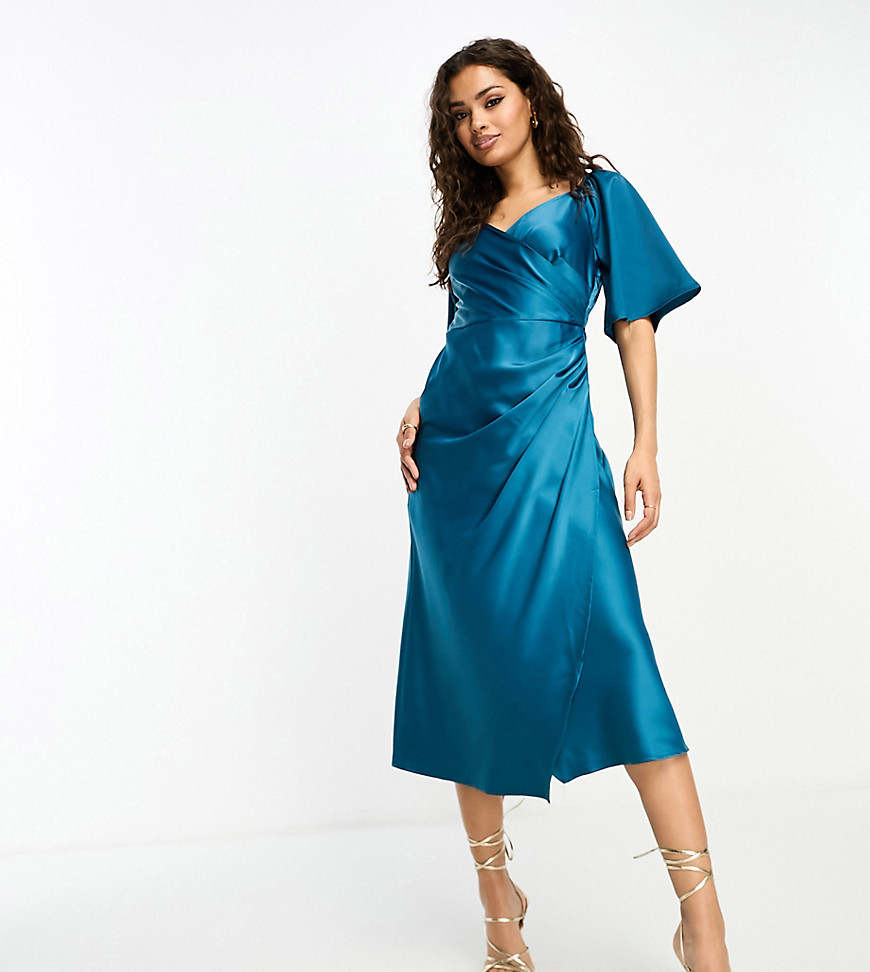 Y. A.S Petite Bridesmaid satin flutter sleeve midi dress in deep teal green