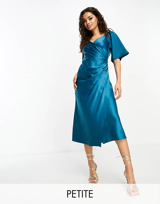 Y.A.S Petite - bridesmaid satin flutter sleeve midi dress in deep teal green