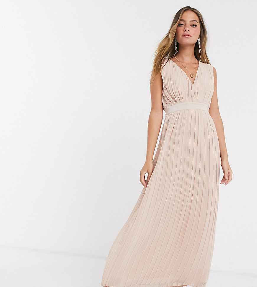 Y.A.S Petite - Bruiloft - Lange geplooide jurk met diepe V-hals in roze-Beige
