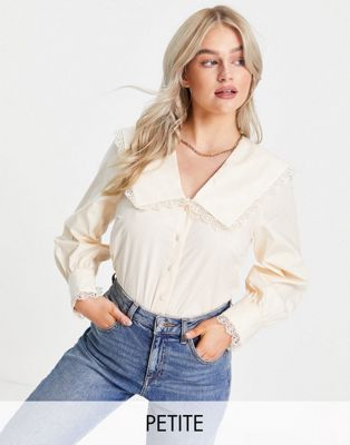 Y.A.S Petite oversized collar lace trim shirt in cream - ASOS Price Checker