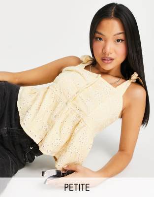 YAS Petite Y.A.S Petite cotton sleeveless blouse co-ord with broderie detail in pale yellow - YELLOW