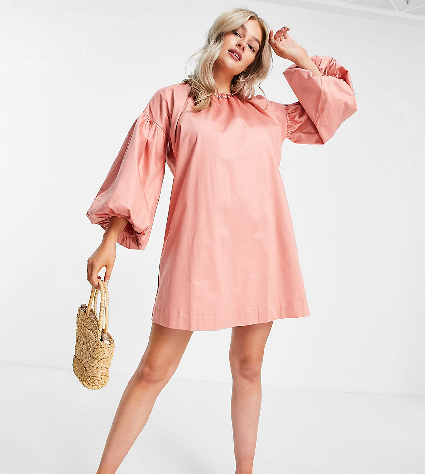 Y. A.S Petite cotton volume sleeve mini smock dress in terracotta - BROWN