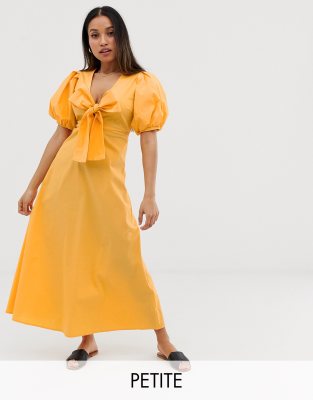 Y.A.S Petite cotton volume sleeve tie front midi dress-yellow