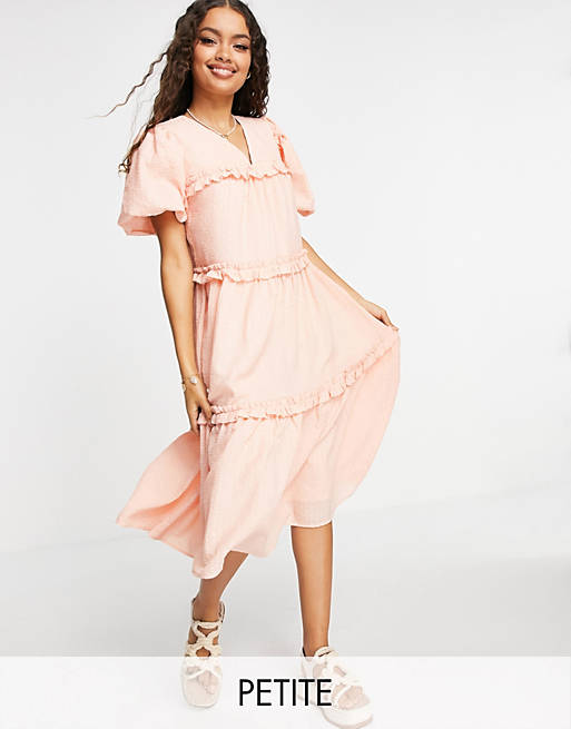 Y.A.S Petite crepe tiered puff sleeve midi dress in peach
