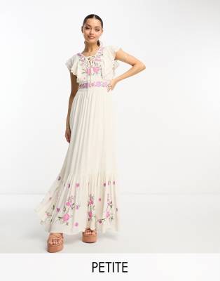 YAS Petite Y.A.S Petite embroidered maxi dress in cream-White