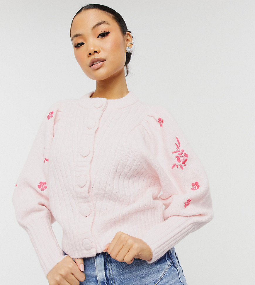 Y.A.S Petite exclusive cardigan with embroidered sleeves in pink
