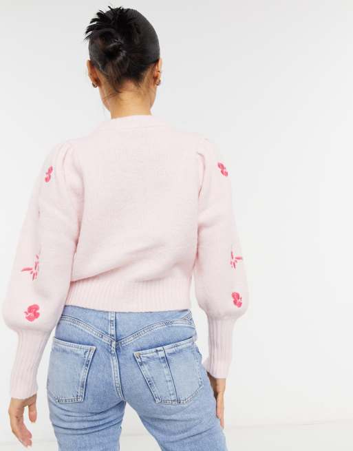 Y.A.S Petite Exclusive cardigan with embroidered sleeves in pink, 2 of 4