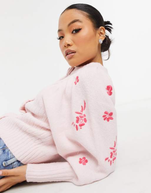 Y.A.S Petite Exclusive cardigan with embroidered sleeves in pink, 3 of 4