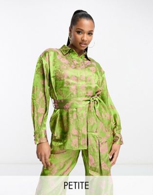Y.A.S Petite floral jacquard belted shirt co-ord in green and pink