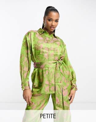 Y. A.S Petite floral jacquard belted shirt co-ord in green and pink