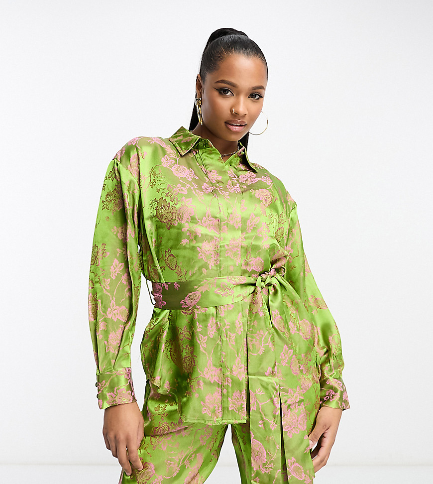 Y. A.S Petite floral jacquard belted shirt co-ord in green and pink