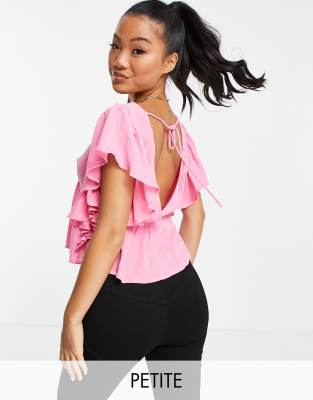 YAS Petite Y.A.S Petite frill sleeve blouse in bright pink