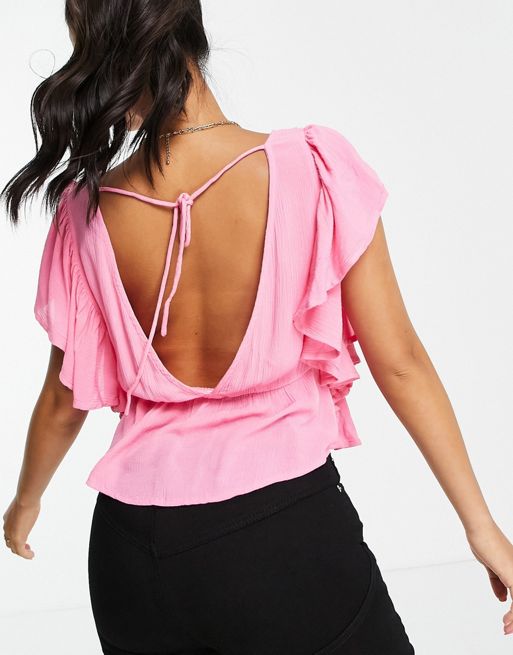 Y.A.S Petite frill sleeve blouse in bright pink