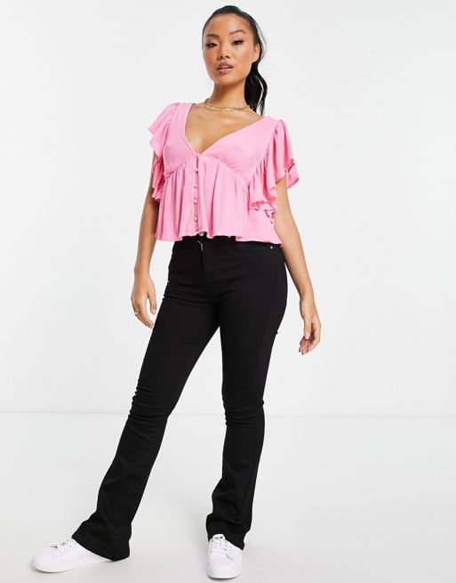 Y.A.S Petite frill sleeve blouse in bright pink