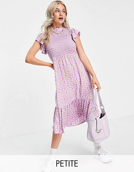 Y.A.S Petite high neck flutter sleeve midi dress in lilac floral