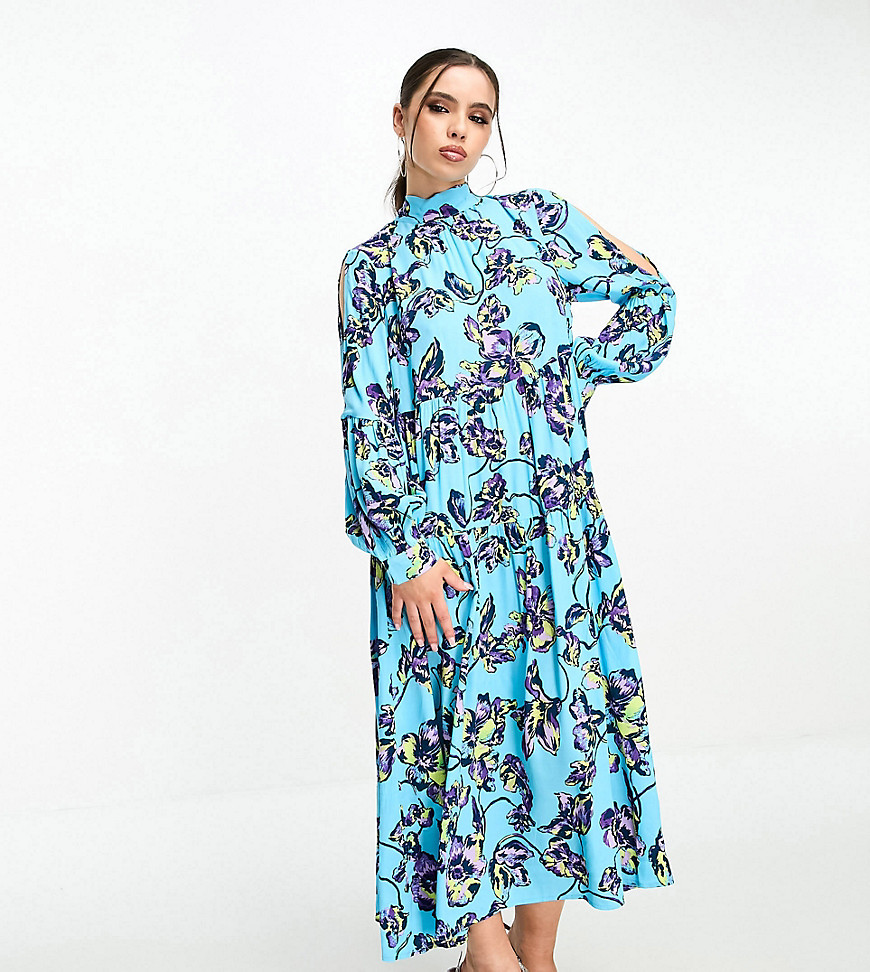 Y. A.S Petite high neck maxi dress with bow back detail in blue floral print