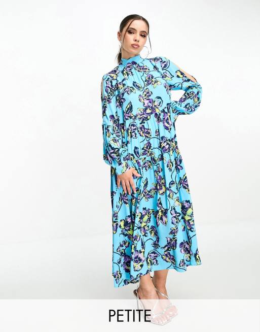 Y.A.S Petite high neck maxi dress with bow back detail in blue floral print 