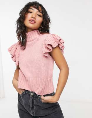 pink top with ruffle sleeves