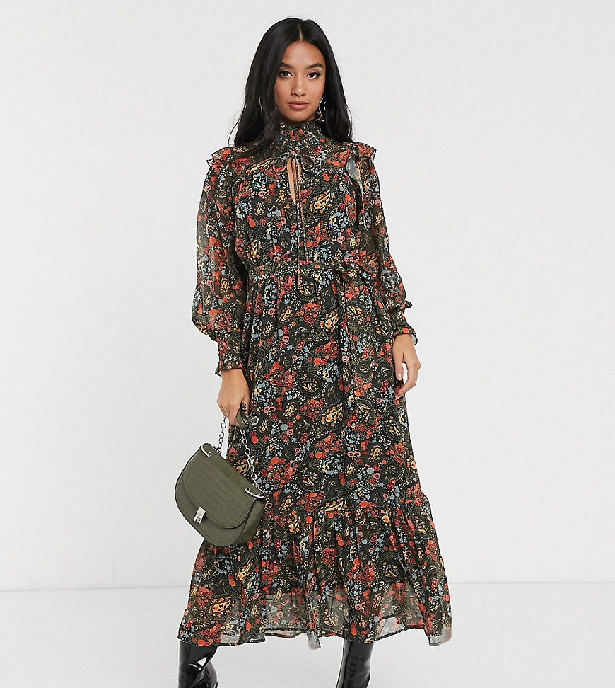 Y.A.S Petite - Lange jurk met ongelijke zoom en uitsnede in gemengde fijne bloemenprint-Multi