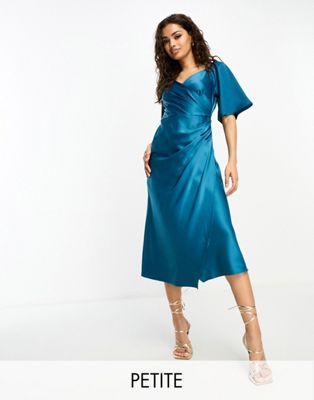 Y.A.S Petite Bridesmaid satin flutter sleeve midi dress in deep teal green - ASOS Price Checker