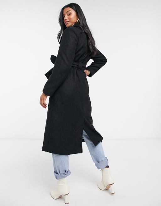 manteau long noir en laine avec ceinture