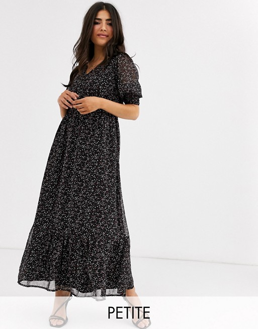 Y.A.S Petite maxi dress with v neck and puff sleeves in black ditsy floral