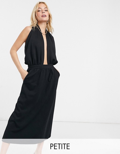 Y.A.S Petite midi dress with plunge neck in black