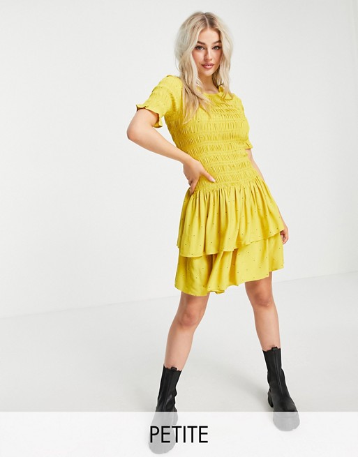 Y.A.S Petite mini dress with shirred top and tiered skirt in yellow spot print