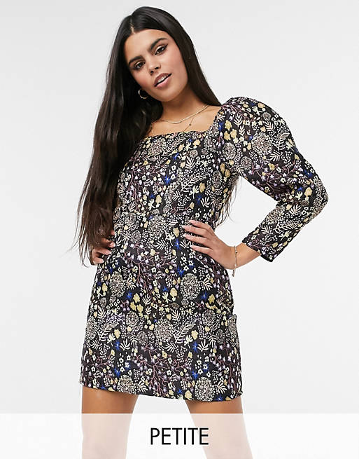 Y.A.S Petite mini dress with square neck and balloon sleeves in black with floral embroidery