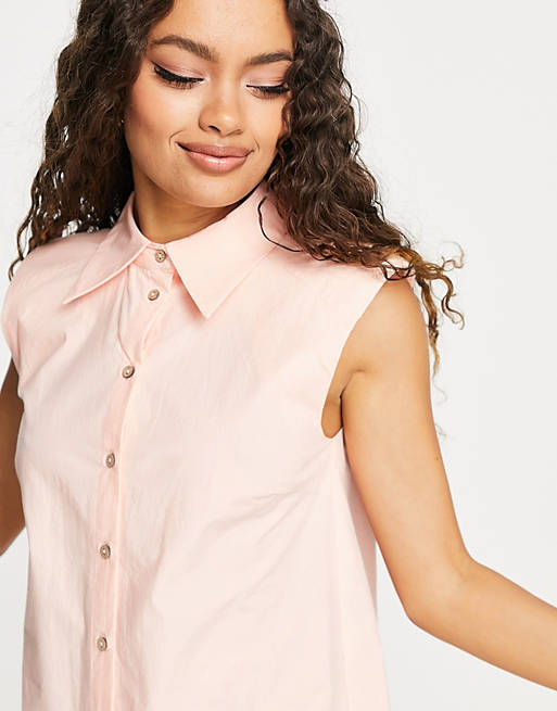 Women YAS Petite organic cotton sleeveless mini shirt dress peach pink 
