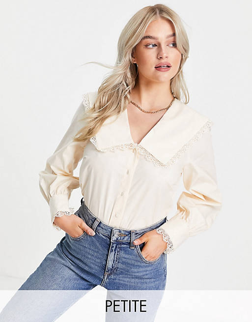 Y.A.S Petite oversized collar lace trim shirt in cream