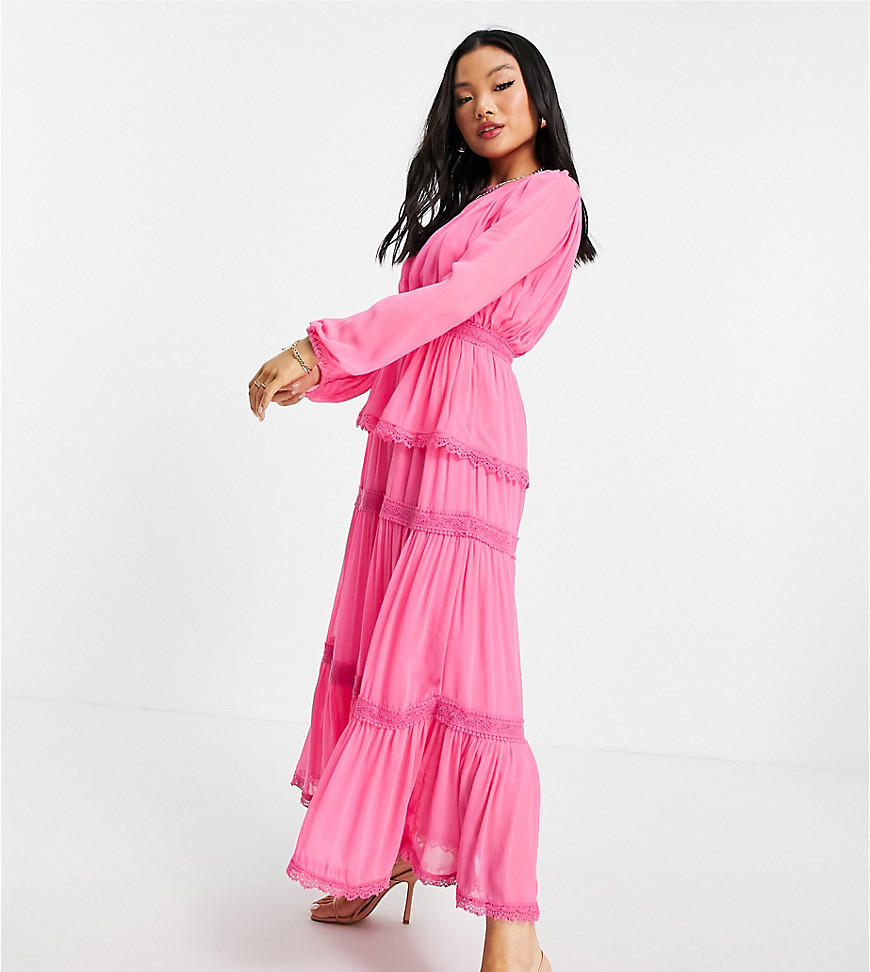 Y.A.S Petite pleated tiered maxi dress in bright pink