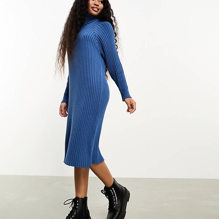 Y.A.S Petite ribbed roll neck sweater midi dress in blue | ASOS