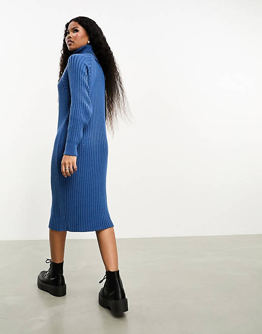 Y.A.S Petite ribbed roll neck sweater midi dress in blue | ASOS