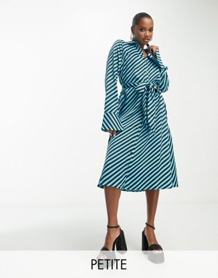 Y.a.s Petite Satin Maxi Shirt Dress With Tie Belt In Blue Diagonal Stripe