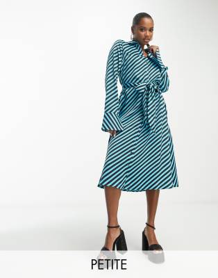 Y.A.S Petite satin maxi shirt dress with tie belt in blue diagonal stripe - view 1