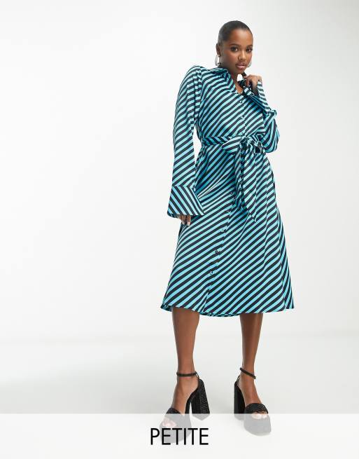 Y.A.S Petite satin maxi shirt dress with tie belt in blue diagonal stripe ASOS