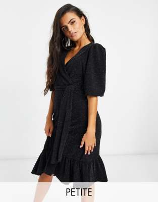 Y.A.S. Petite Scarlet puff sleeve glittery midi dress in black